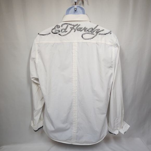 Ed Hardy Long Sleeve White Button-Up Large Skull On Pocket - Picture 3 of 11